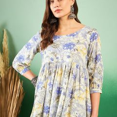 Floral Printed Pleated Round Neck Kurti