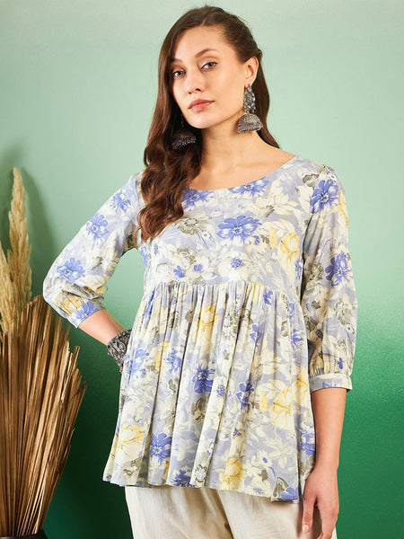 Floral Printed Pleated Round Neck Kurti
