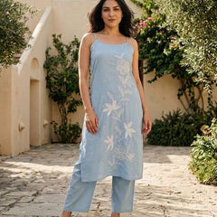 Embroidered Pure Cotton Sholder Straps Straight Kurta With Trouser
