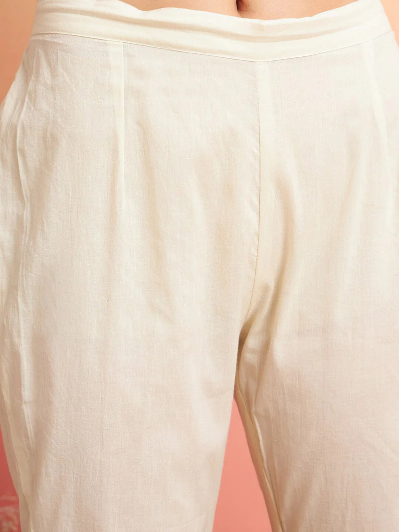Off White Embroidered  Pure Cotton Kurta with Trousers & Dupatta