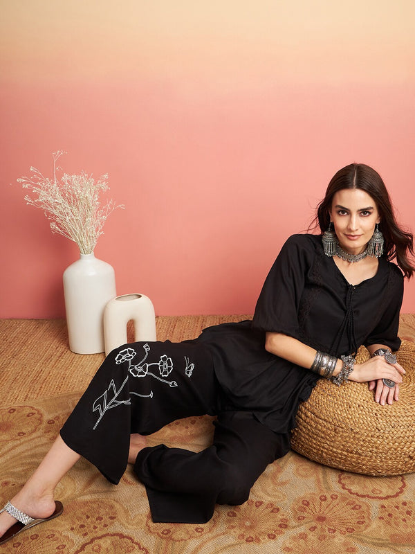 Embellished Lace Up Detail Top & Palazzo Co-Ords Set