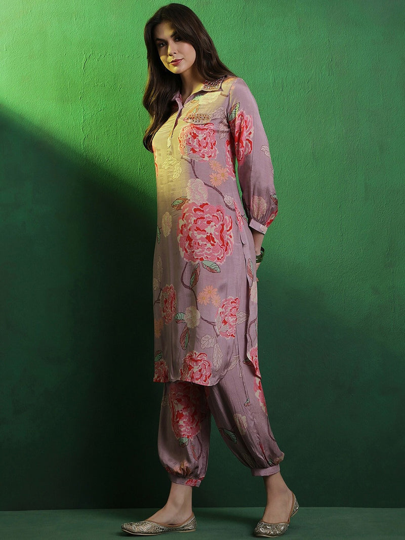 Floral Printed Shirt Collar Mirror Work Pathani Kurta & Trousers