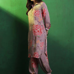 Floral Printed Shirt Collar Mirror Work Pathani Kurta & Trousers