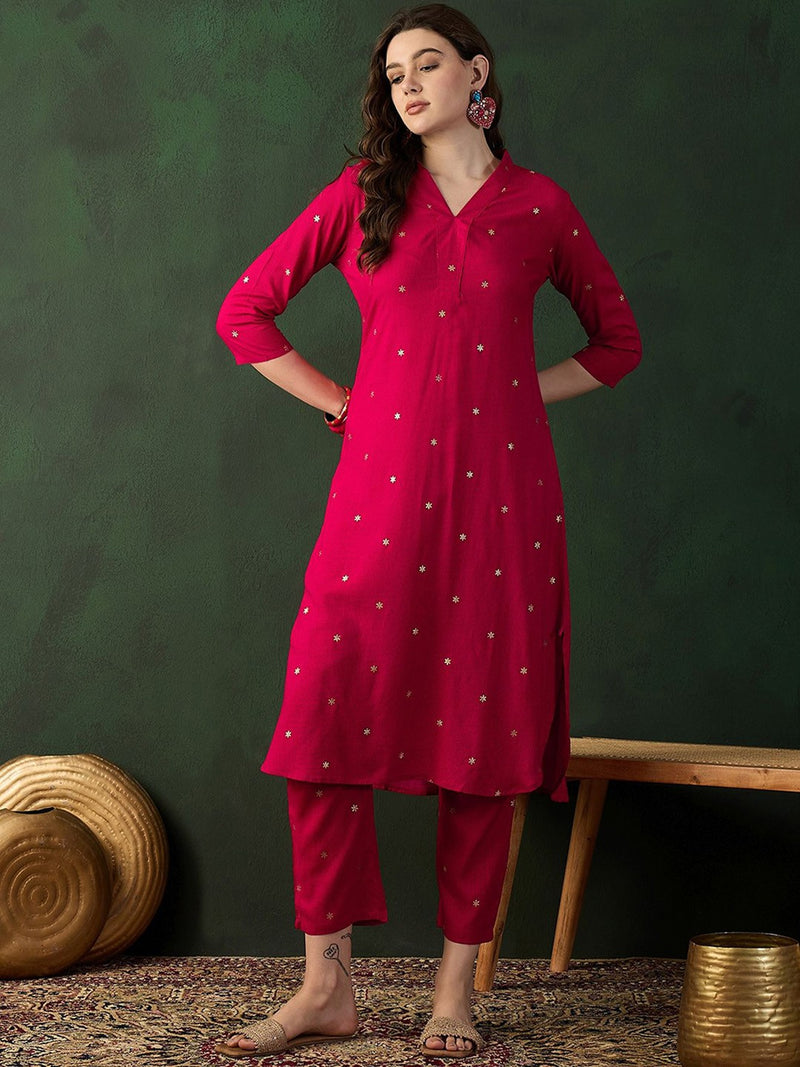 Pink Floral Printed V-Neck Straight Kurta With Trousers