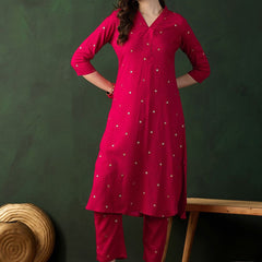 Pink Floral Printed V-Neck Straight Kurta With Trousers
