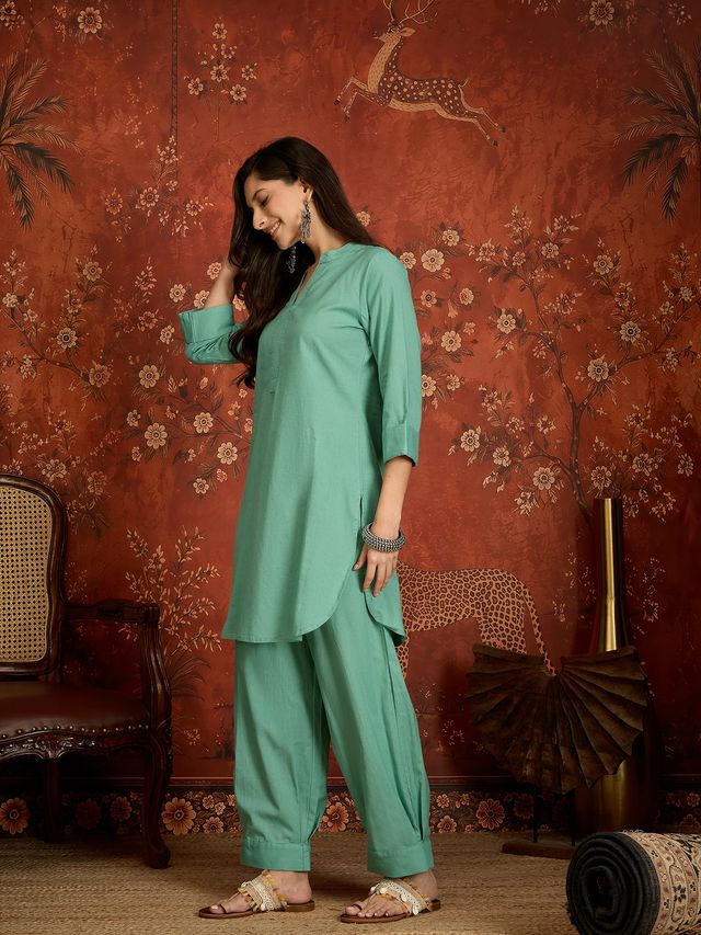 Elaichi Green Mandarin Collar Pure Cotton Tunic With Trousers Kurta Set