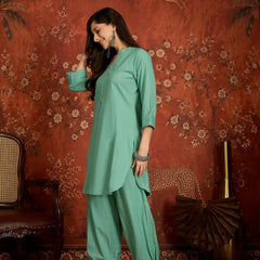 Elaichi Green Mandarin Collar Pure Cotton Tunic With Trousers Kurta Set