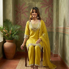 Pink Ethnic Motif Embroidered Kurta With Top & Trouser & Dupatta