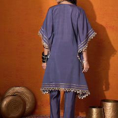 Blue Geometric Embroidered Round Neck Mirror Work Kaftan With Trousers