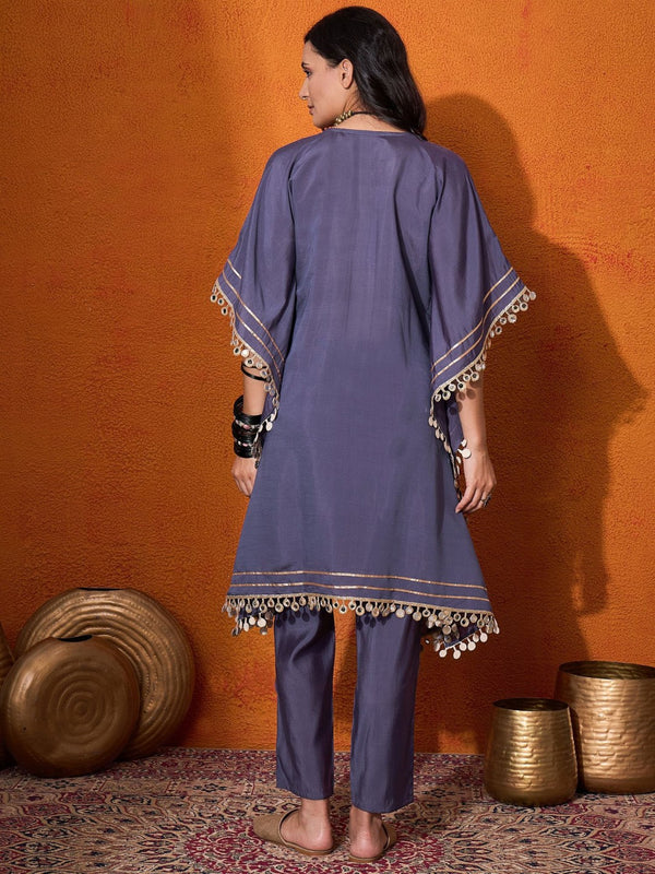 Blue Geometric Embroidered Round Neck Mirror Work Kaftan With Trousers