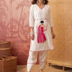 Off White Ethnic Motif Embroidered Straight Kurta With Trouser & Dupatta Kurta Set