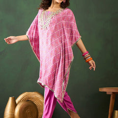 Bandhani Printed Gotta Patti Asymmetric Kaftan With Dhoti Pant