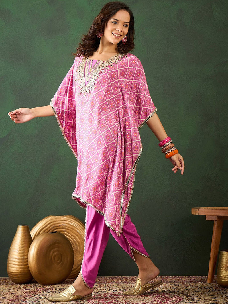 Pink Bandhani Printed Gotta Patti Asymmetric Kaftan With Dhoti Pant