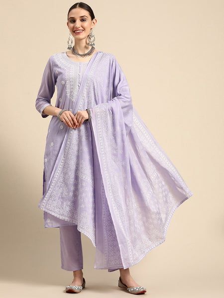 Women Floral Embroidered Pure Cotton Kurta with Trousers & With Dupatta