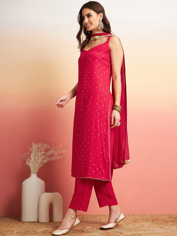 Embroidered Shoulder Straps Straight Kurta With Trousers & Dupatta