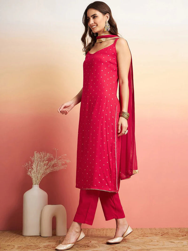 Printed Shoulder Strap Gotta Patti Kurta With Trousers & Dupatta