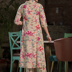 Floral Printed Lapel Collar A-Line Kurta With Trouser