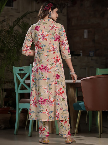 Floral Printed Lapel Collar A-Line Kurta With Trouser