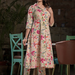 Floral Printed Lapel Collar A-Line Kurta With Trouser