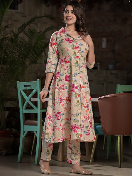 Floral Printed Lapel Collar A-Line Kurta With Trouser