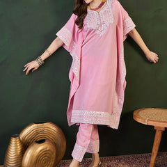 Pink Geometric Embroidered Mirror Work Roman Silk Kurta With Trouser