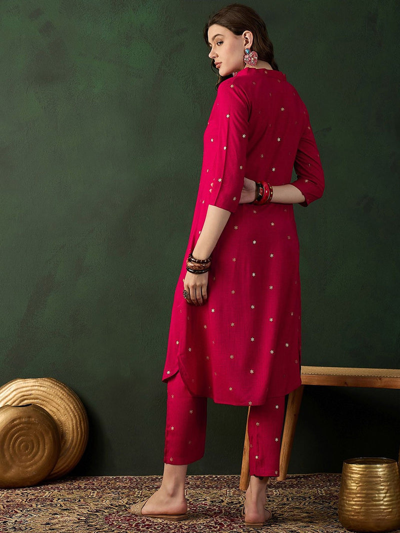 Pink Floral Printed V-Neck Straight Kurta With Trousers