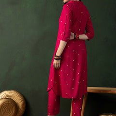 Pink Floral Printed V-Neck Straight Kurta With Trousers