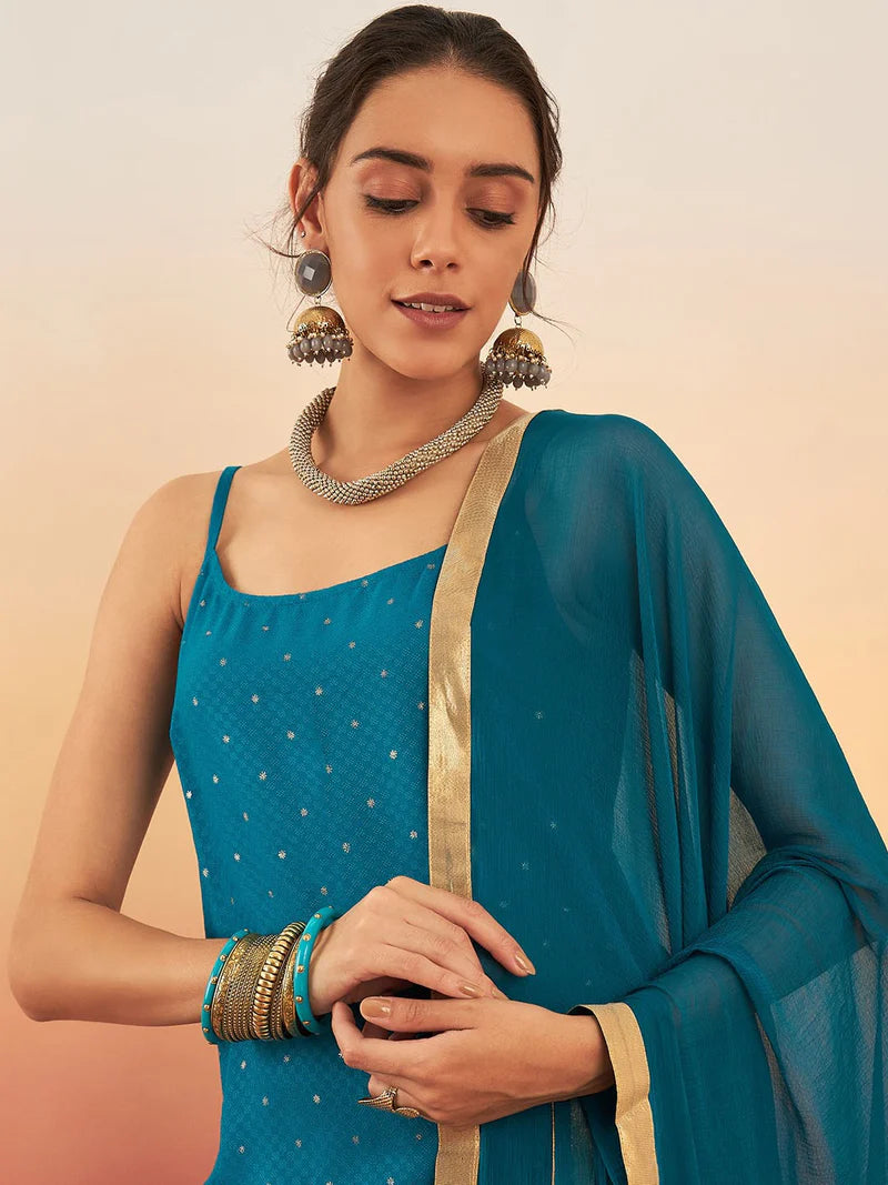Embroidered Shoulder Straps Straight Kurta With Trousers & Dupatta