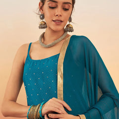 Embroidered Shoulder Straps Straight Kurta With Trousers & Dupatta