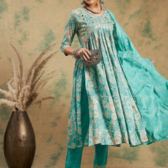 Floral Printed Thread Work Pure Cotton A-Line Kurta & Trousers With Dupatta