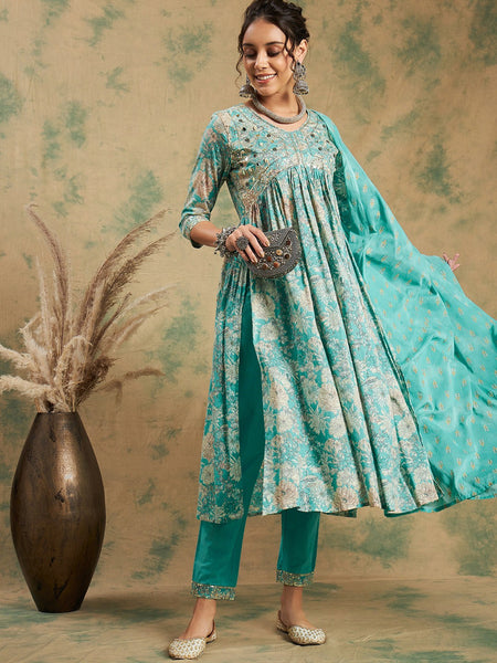 Floral Printed Thread Work Pure Cotton A-Line Kurta & Trousers With Dupatta