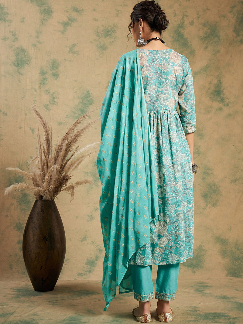 Floral Printed Thread Work Pure Cotton A-Line Kurta & Trousers With Dupatta
