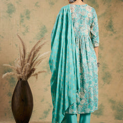 Floral Printed Thread Work Pure Cotton A-Line Kurta & Trousers With Dupatta