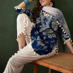 Floral Printed Mirror Work Pure Cotton Kurta With Dhoti Pant & Dupatta