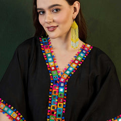 Black Mirror Work V-Neck Kaftan Kurta With Dhoti Pants