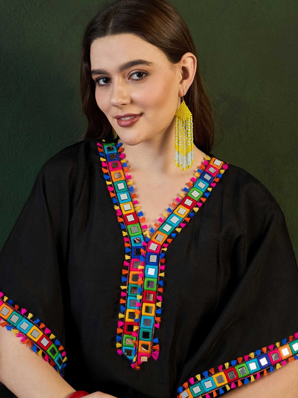 Black Mirror Work V-Neck Kaftan Kurta With Dhoti Pants