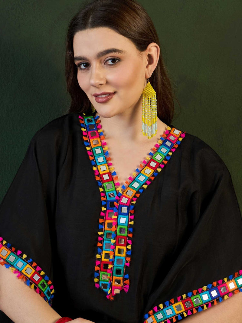 Black Mirror Work V-Neck Kaftan Kurta With Dhoti Pants