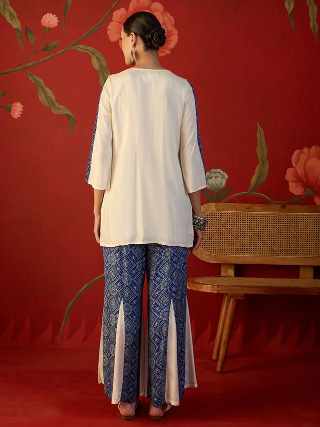 Floral Embroidered Tunic With Printed Palazzo Co-Ords Set