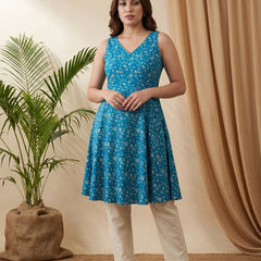 Turquoise Blue Folka Dots Printed Sleevless  A-Line Kurtas