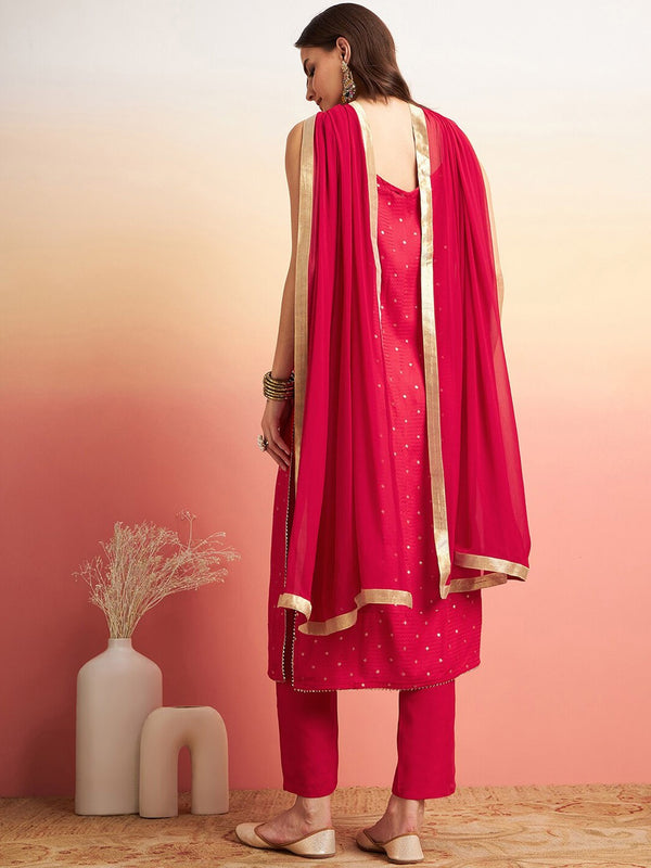 Embroidered Shoulder Straps Straight Kurta With Trousers & Dupatta