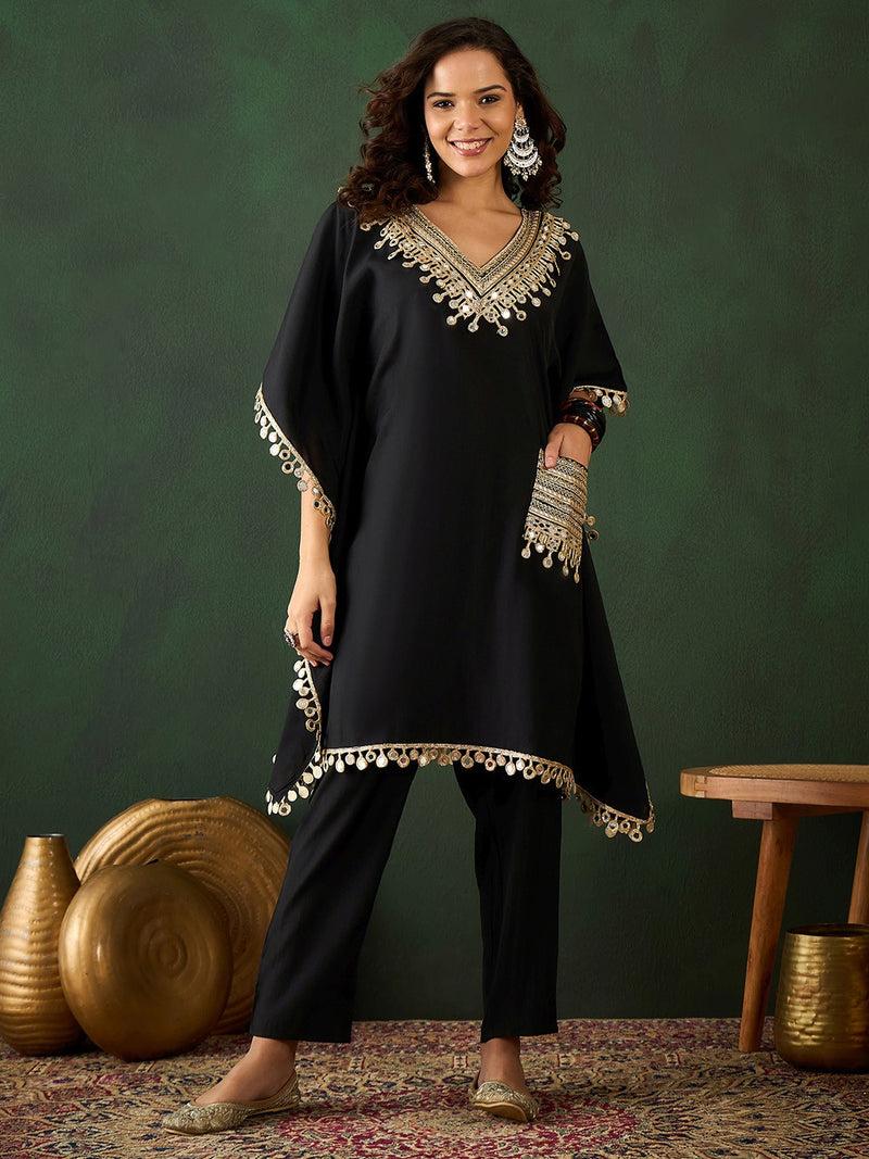 Embroidered  V-Neck Mirror work Kaftan With Trousers