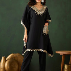 Embroidered  V-Neck Mirror work Kaftan With Trousers