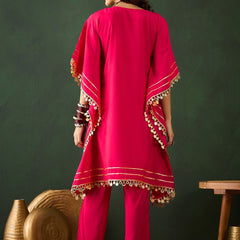 Fuchsia Geometric Embroidered Round Neck Mirror Work Kaftan With Trousers