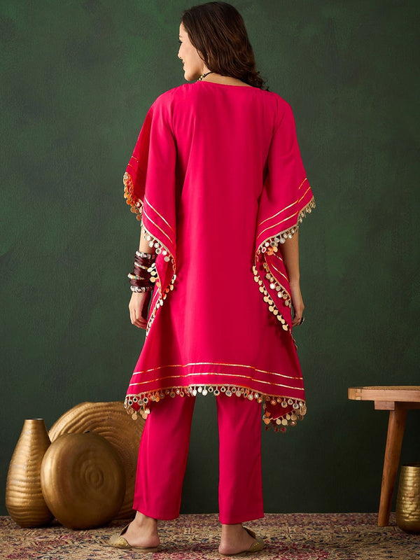 Fuchsia Geometric Embroidered Round Neck Mirror Work Kaftan With Trousers