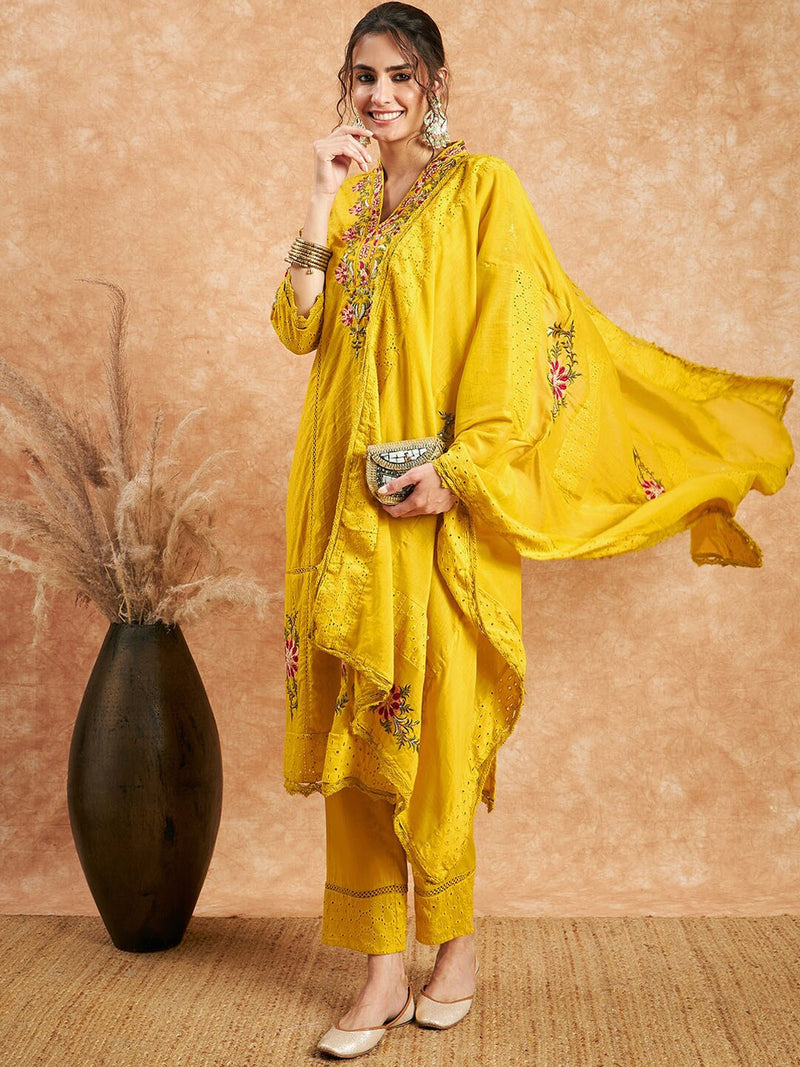 Floral Embroidered Pure Cotton Straight Kurta With Trouser & Dupatta