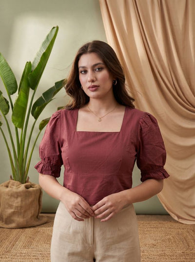 Maroon Solid Puff Sleeve Top