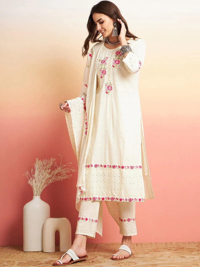 Floral Embroidered Pure Cotton Straight Kurta With Trouser & Dupatta