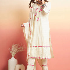 Floral Embroidered Pure Cotton Straight Kurta With Trouser & Dupatta