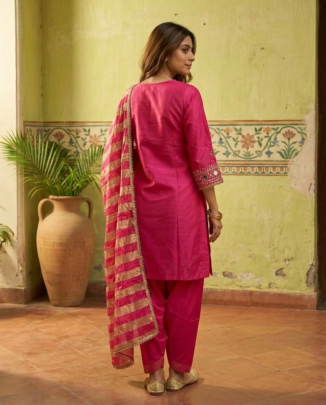 Floral Embroidered & Mirror Work Straight Kurta With & Farsi Salwar & Dupatta