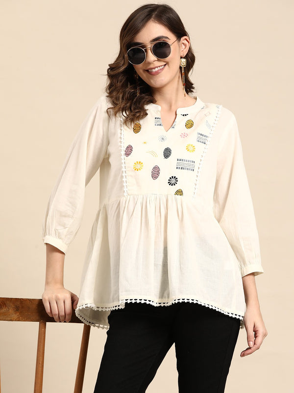 Off White Embroidered Pure Cotton Kurtis
